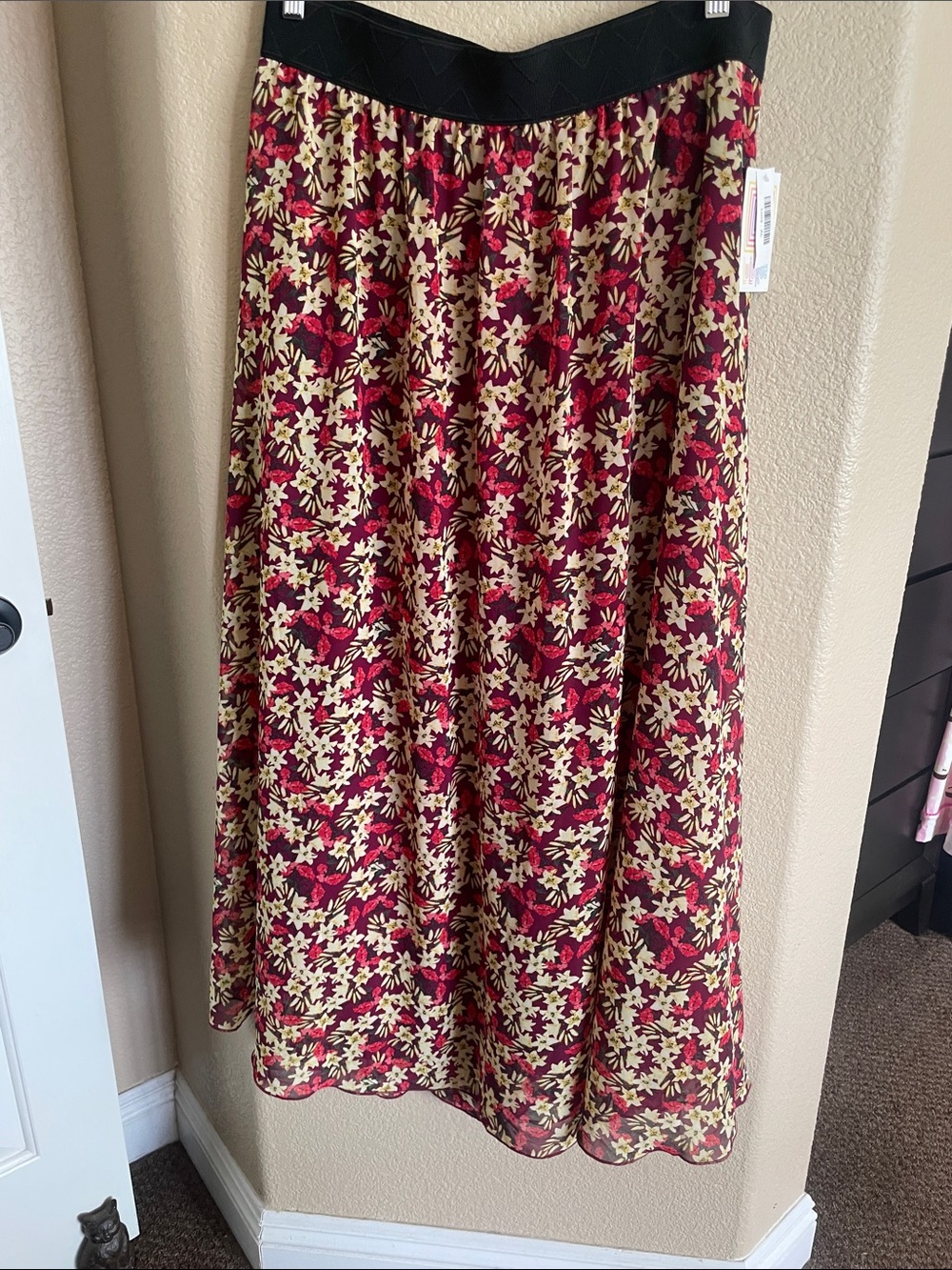 LuLaRoe Lucy Burgundy and Cream Floral Maxi Skirt with Black Waistband Size XL